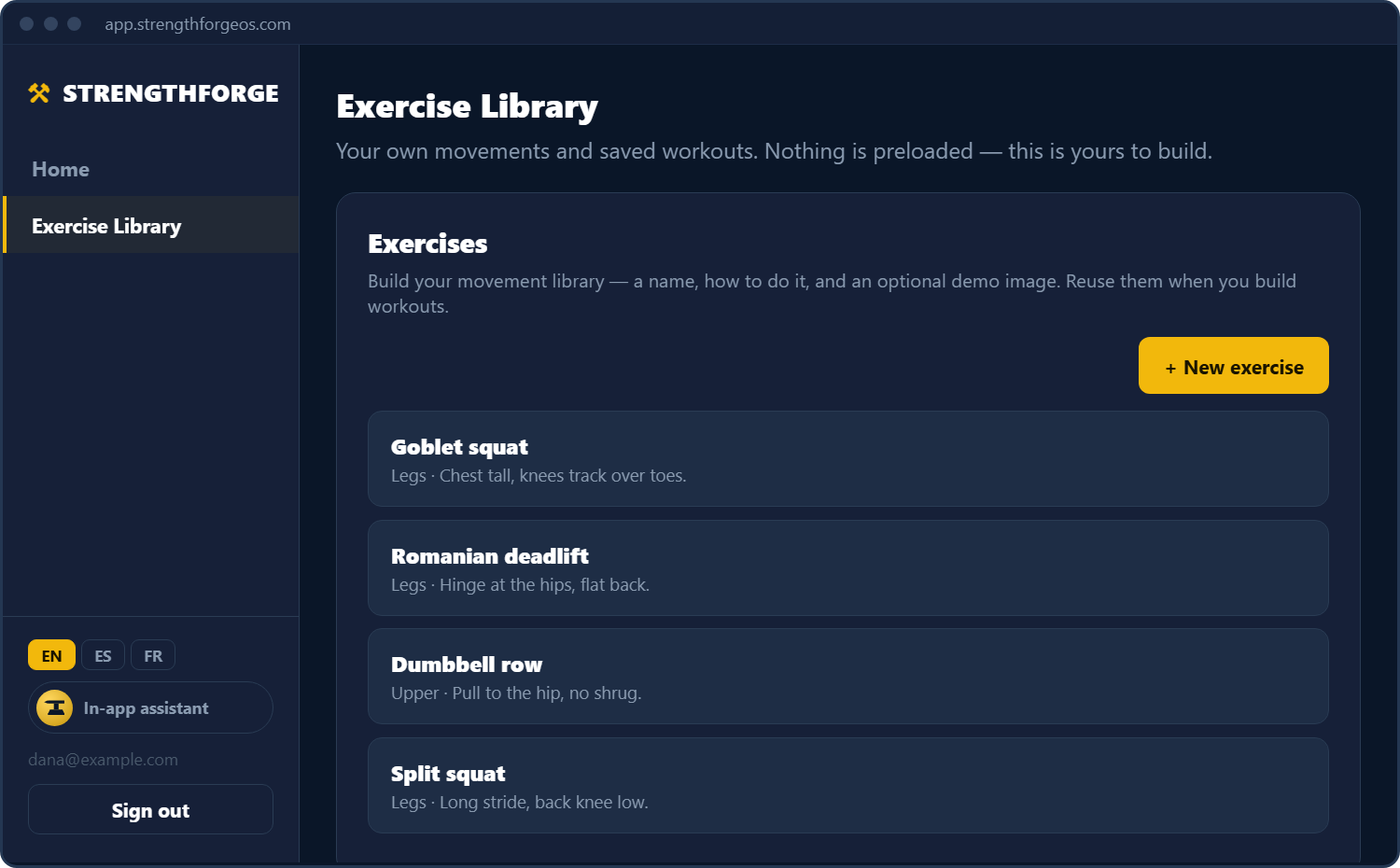 The personal trainer's exercise library: a list of movements with a short coaching cue for each
