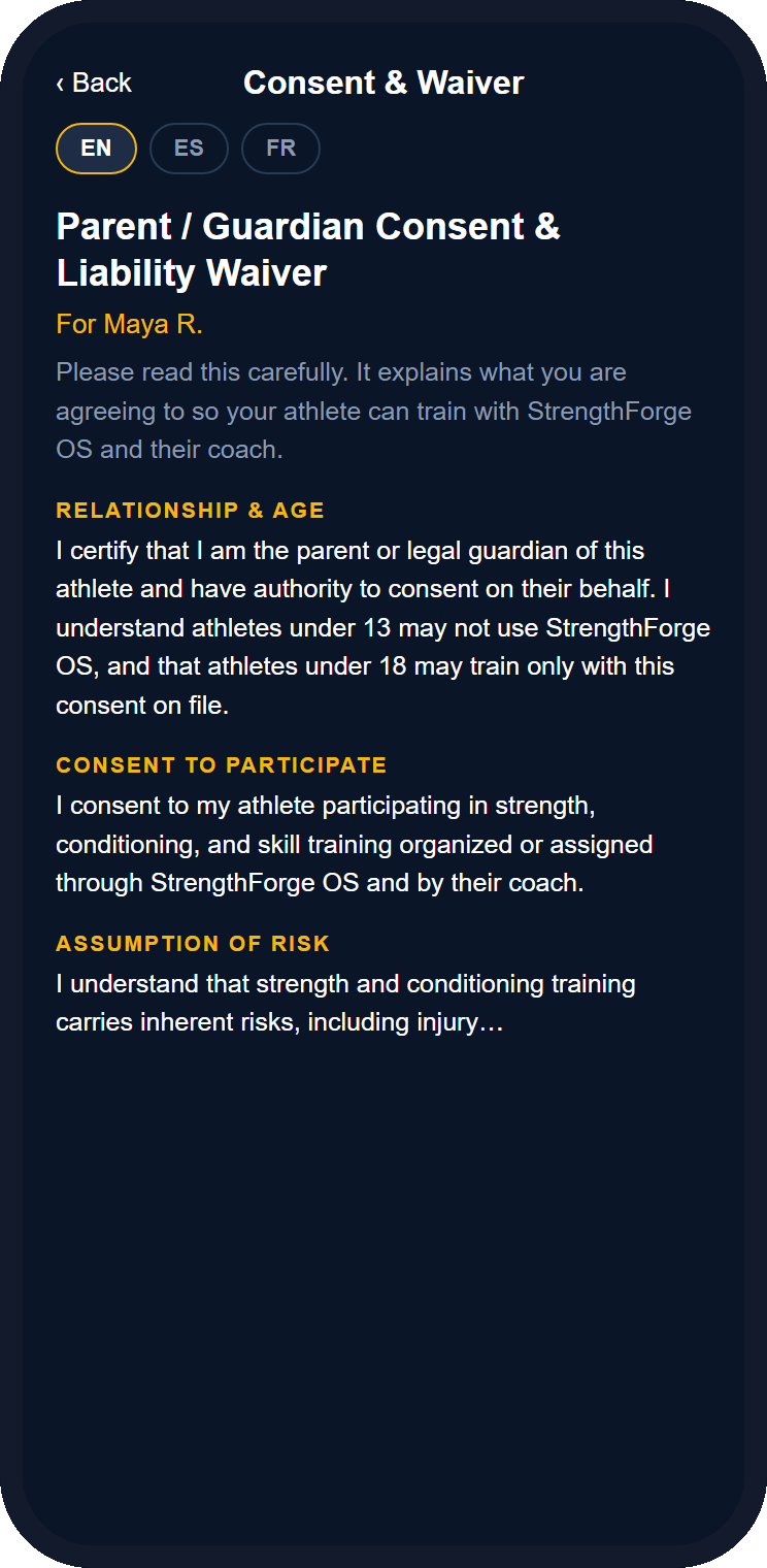 The consent and waiver screen, with a language switch for English, Spanish and French