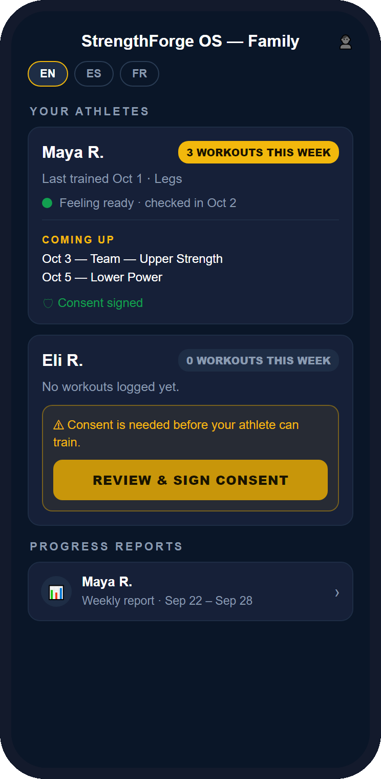 The parent home screen, showing an athlete's workouts this week, last trained, readiness, upcoming workouts, and consent status